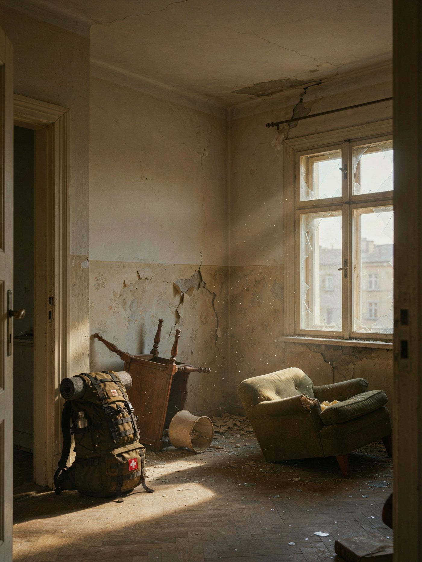 Interior de apartament deteriorat cu pereți crăpați și mobilă răsturnată, cu un rucsac de supraviețuire în prim-plan