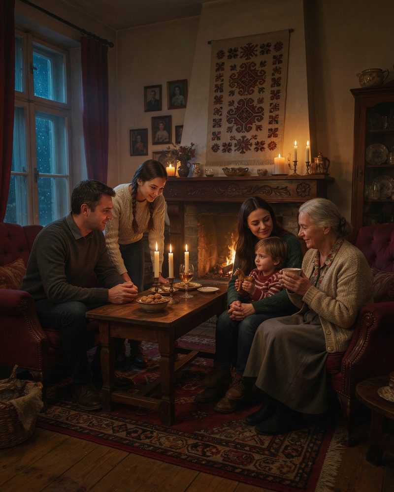 Familie din România la masă, seara, cu lumânări aprinse
