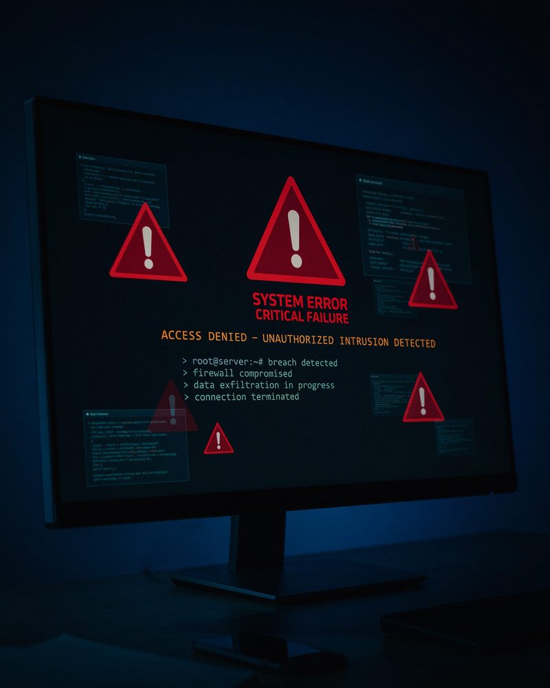 Ecran de computer întunecat cu simboluri de avertizare