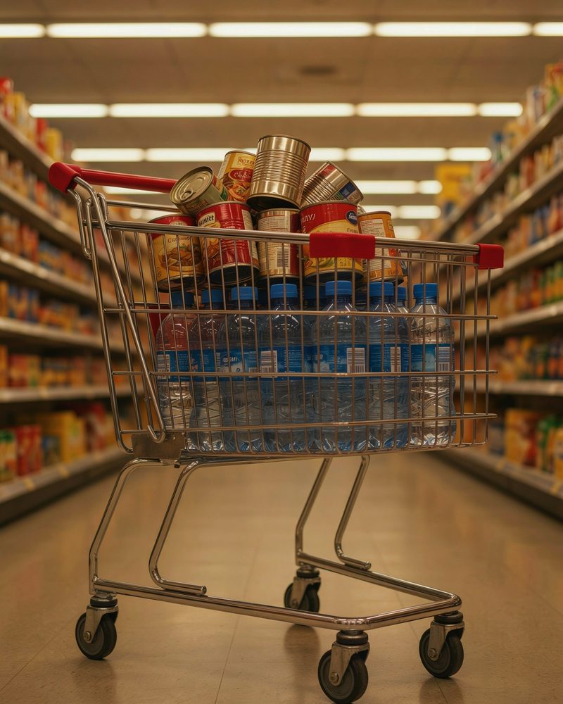 Coș de supermarket plin cu conserve și sticle de apă