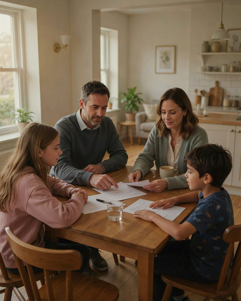 Familie care discută calm planul de urgență la masa din bucătărie