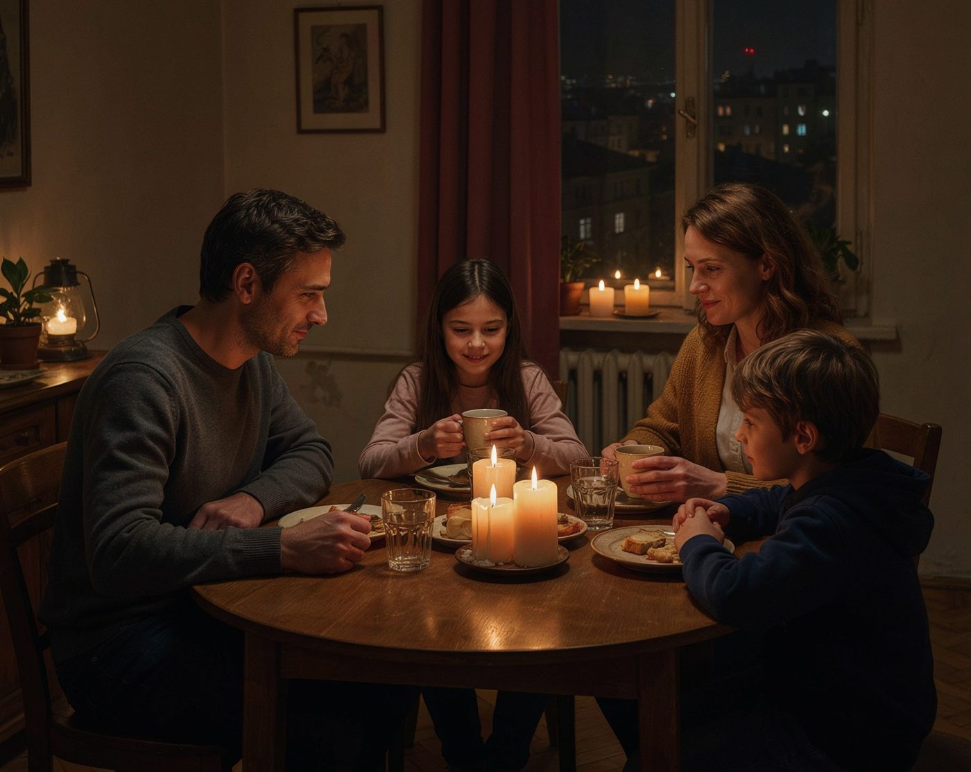 Familie din România stând la masă la lumina lumânărilor în timpul unei pene de curent